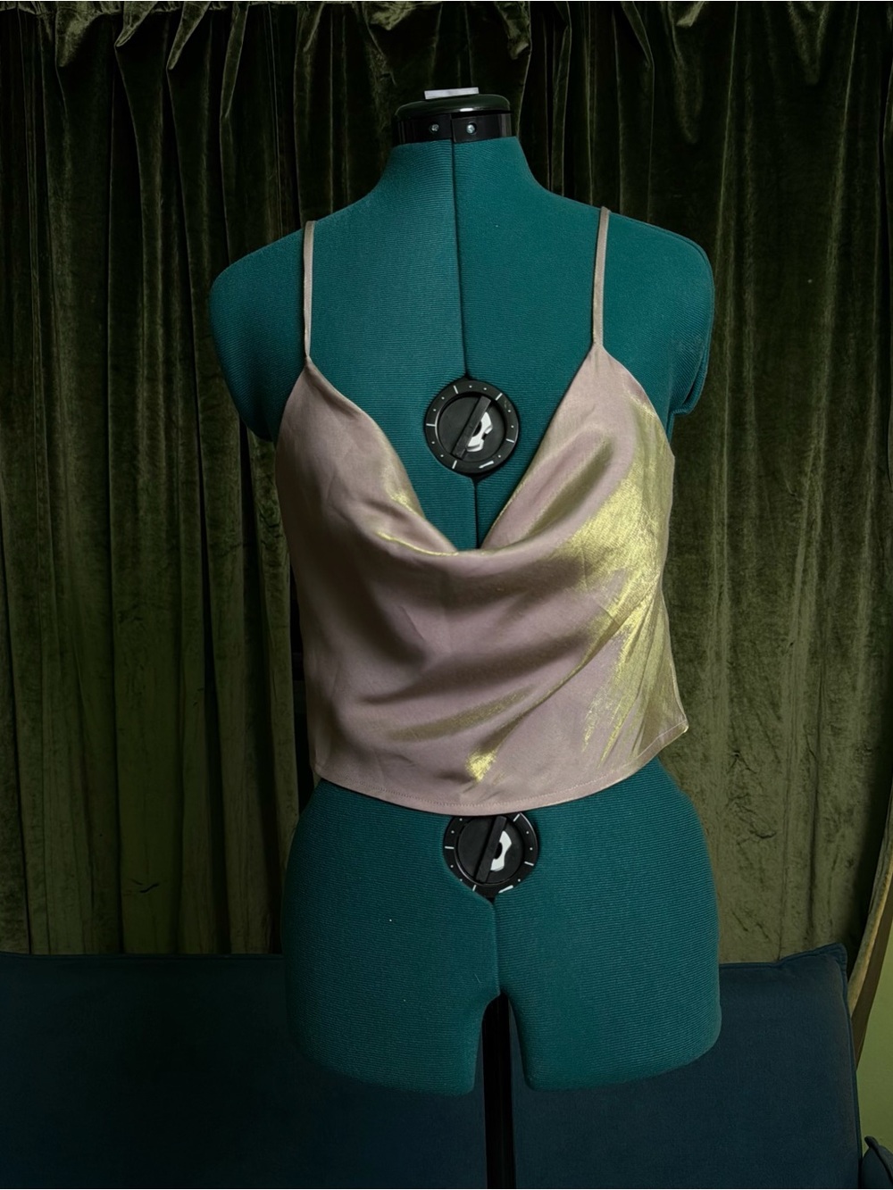 Sans Souci Iridescent Blush Satin Cowl cropped top